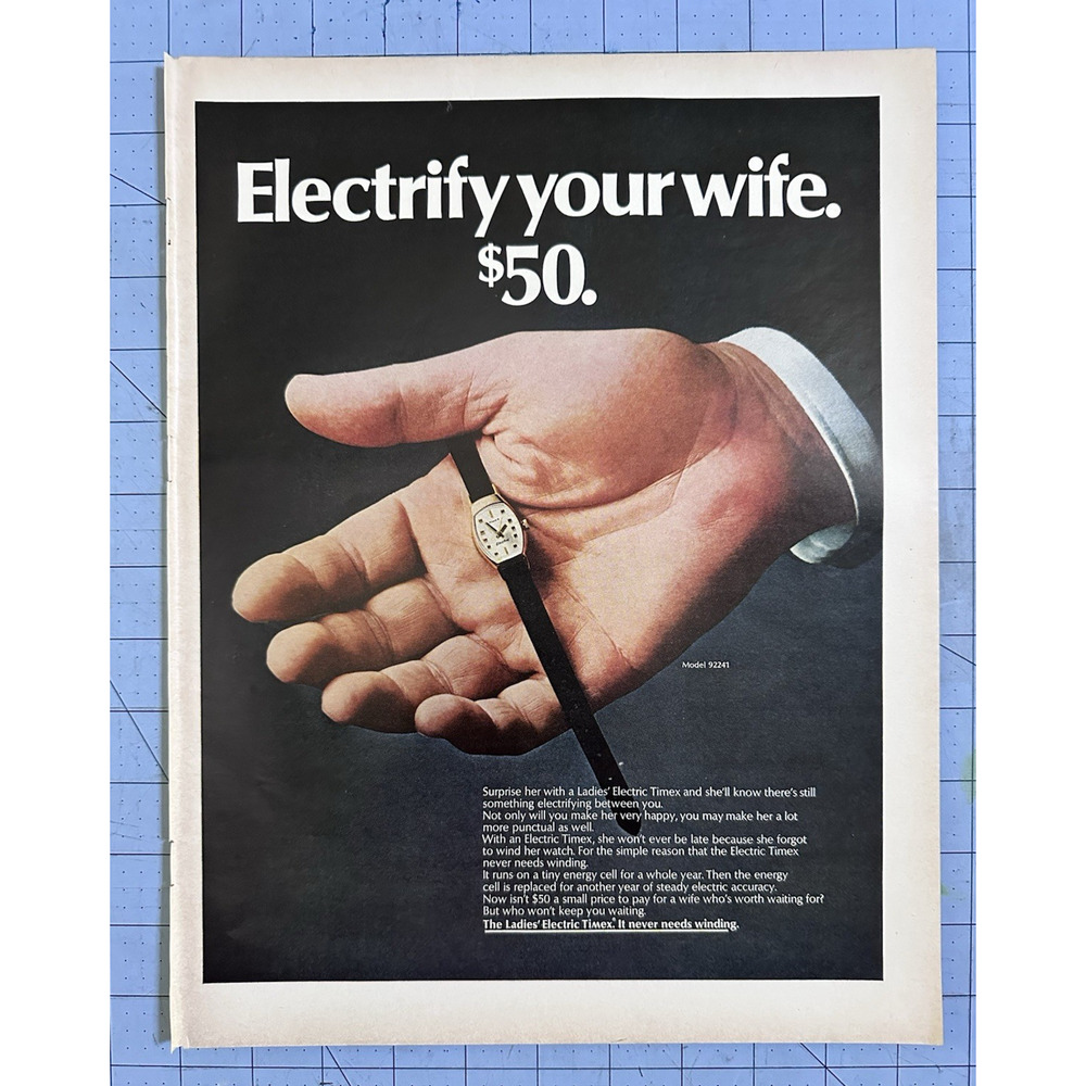 1969 Electrify Your Wife Ladies Electric Timex Wrist Watch Vintage Print Ad